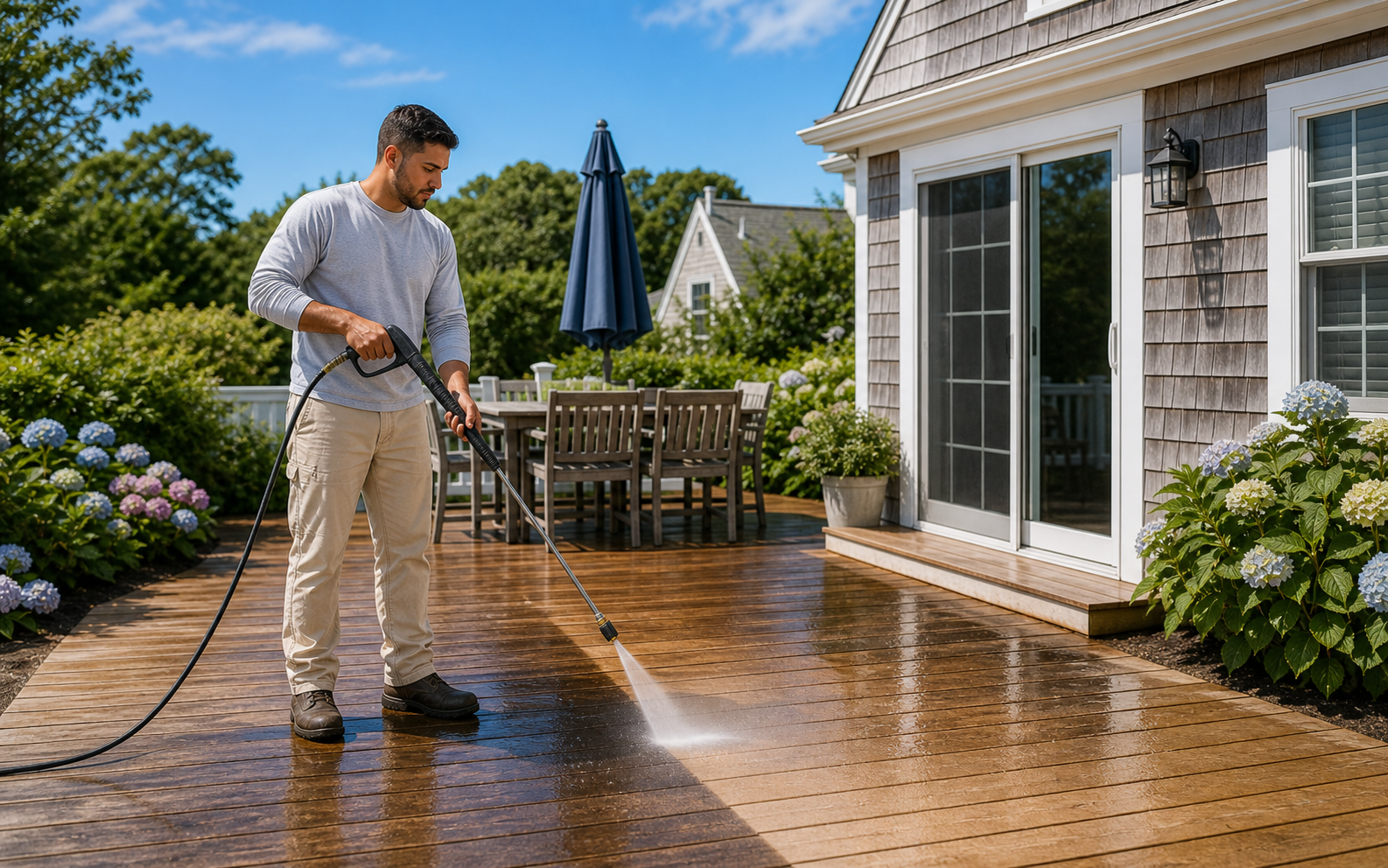 Deck and patio pressure washing in Hyannis for Cape Cod homes