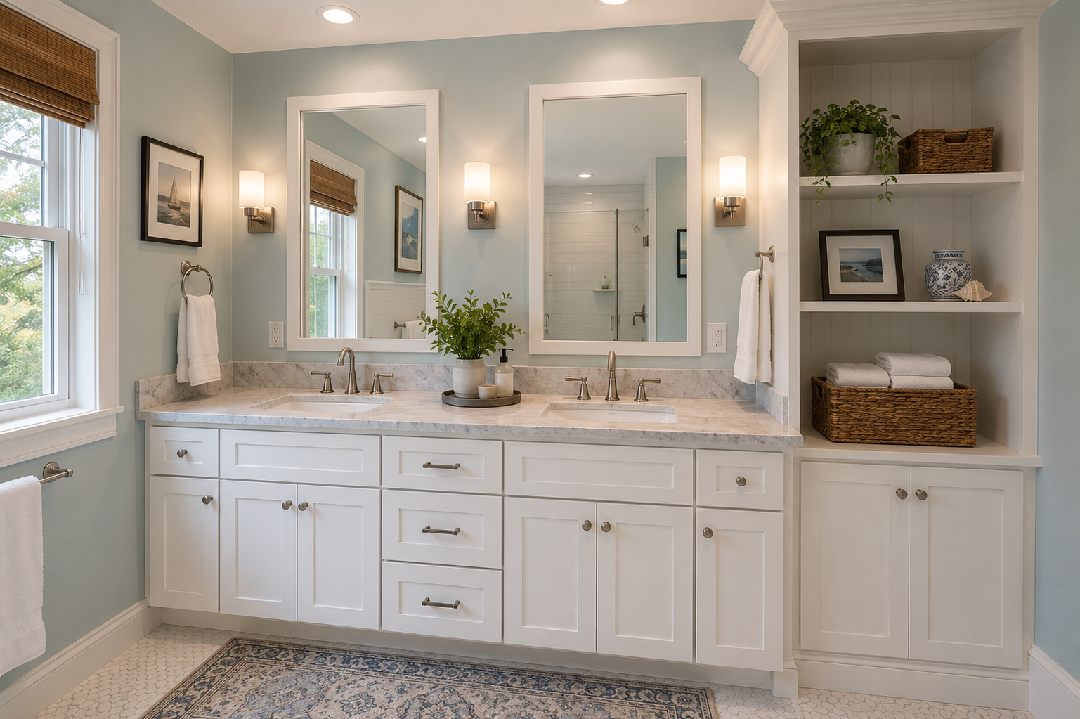 Bathroom vanity painting and built in cabinet refinishing in Hyannis