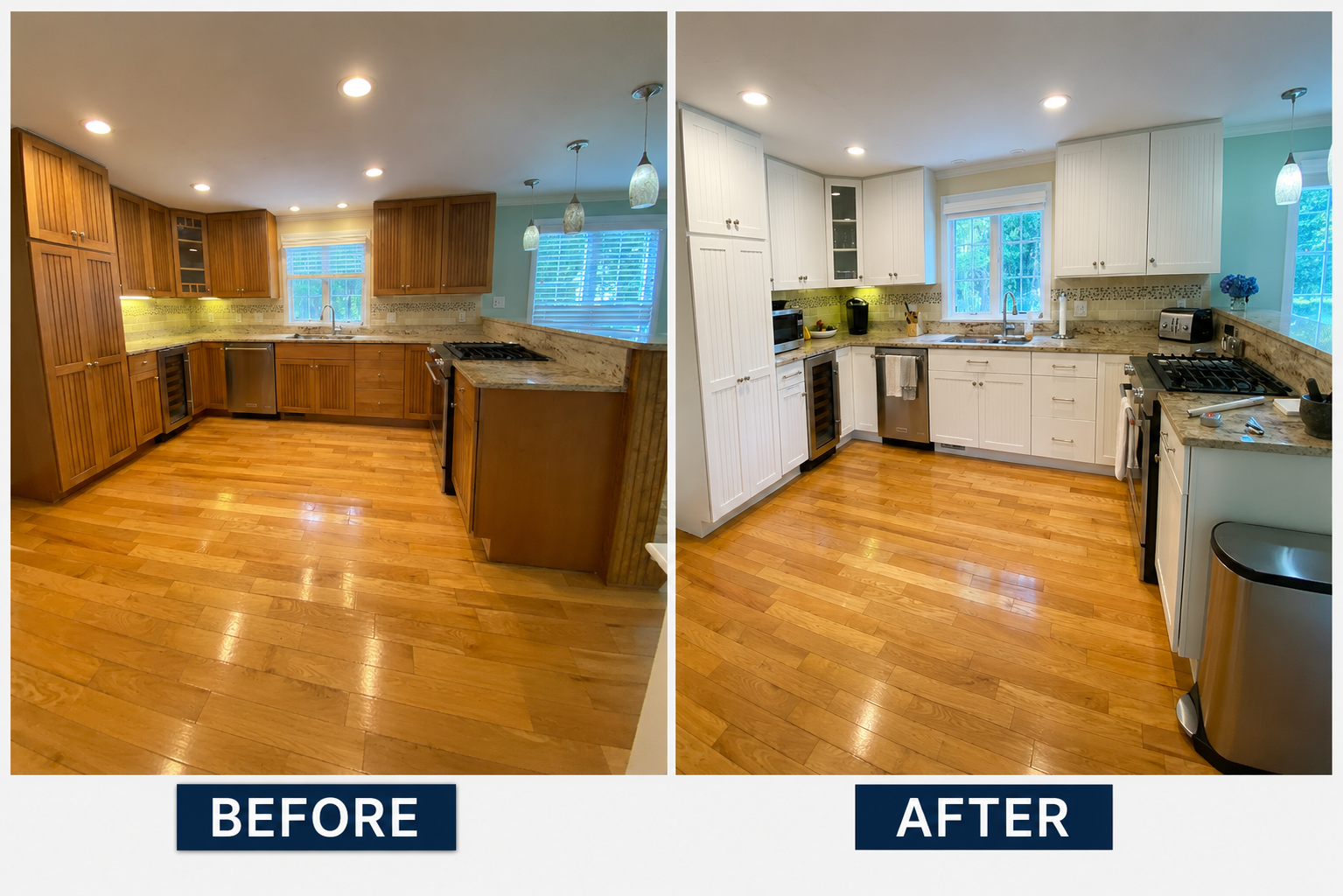 before and after cabinet refinishing by Compass Painting Cape Cod