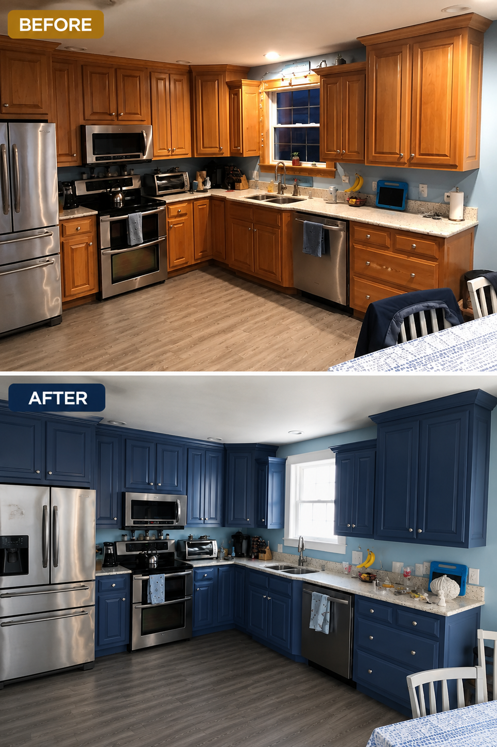 Kitchen cabinet refinishing before and after in Hyannis by Compass Painting
