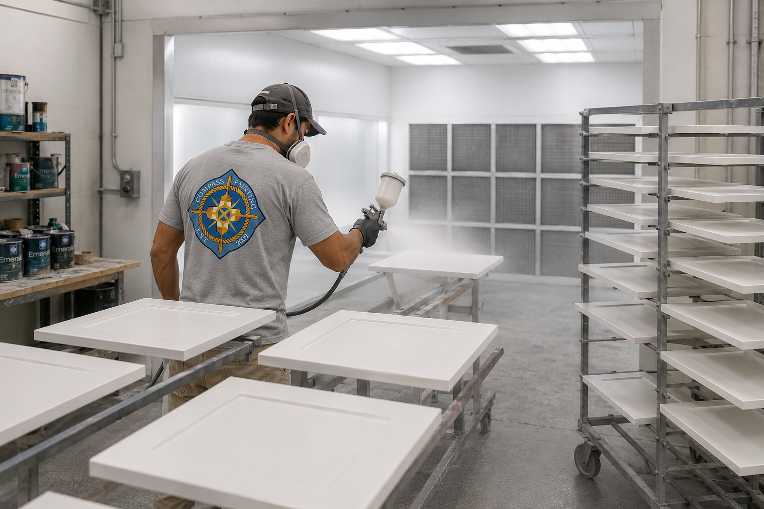 Cabinet doors being spray finished in Compass Painting's Hyannis finishing shop
