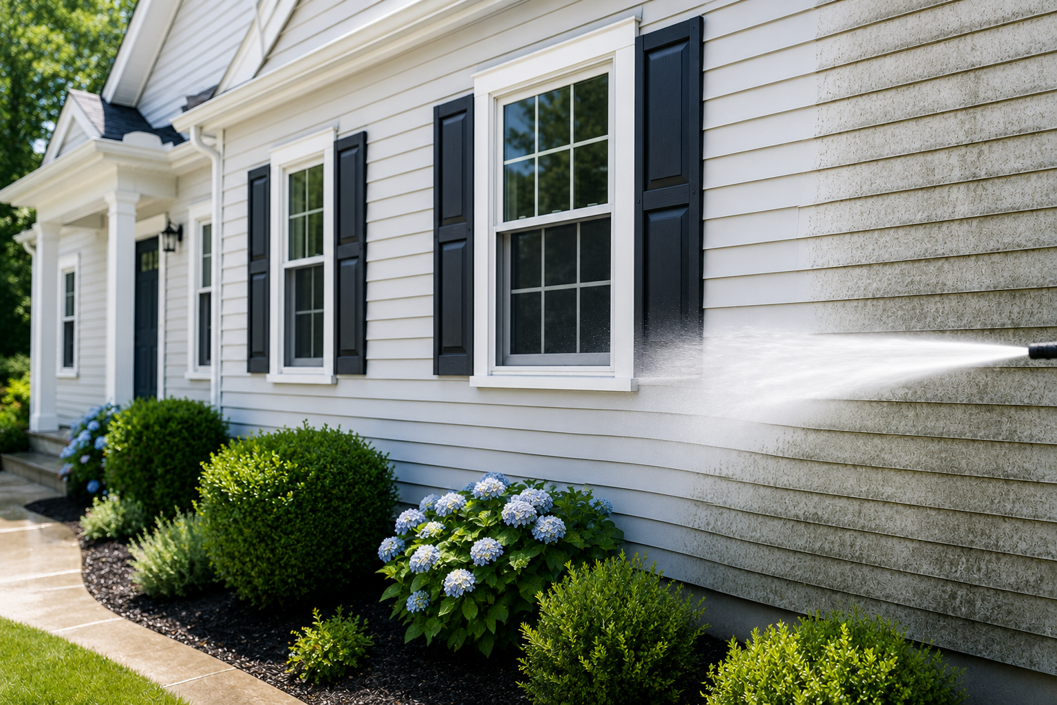 Pressure washing a Cape Cod house exterior