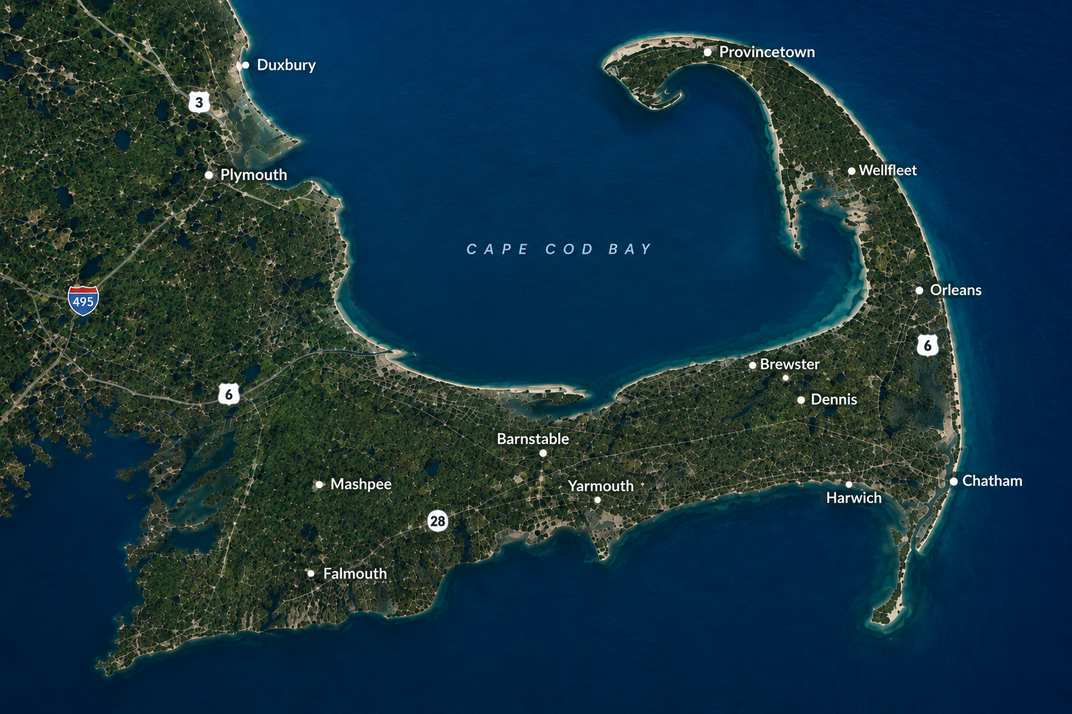Cape Cod service area map showing towns served by Compass Painting throughout Cape Cod Massachusetts