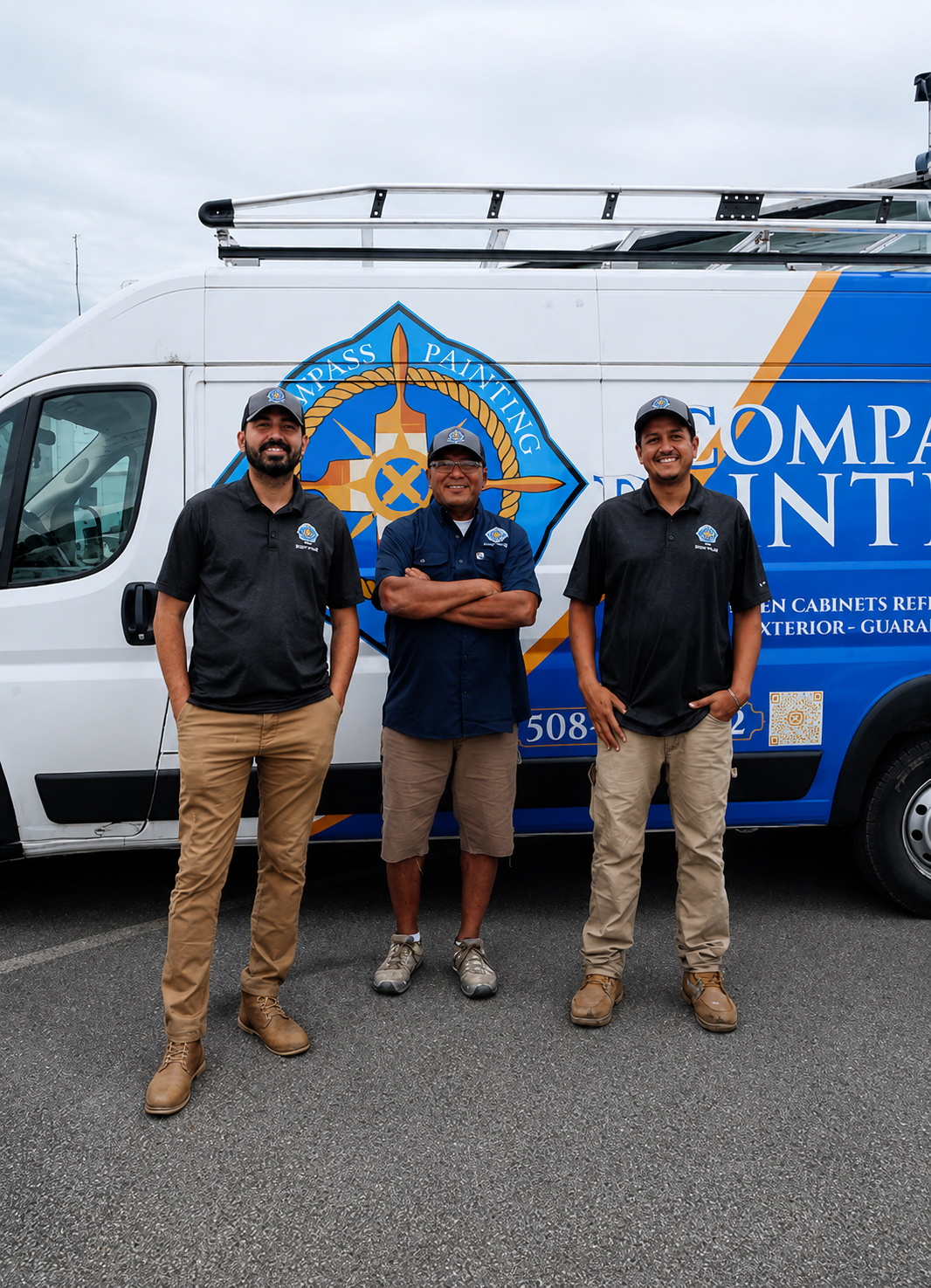 Owners of Compass Painting Inc standing in front of a company van at the Hyannis, MA headquarters serving homeowners across Cape Cod