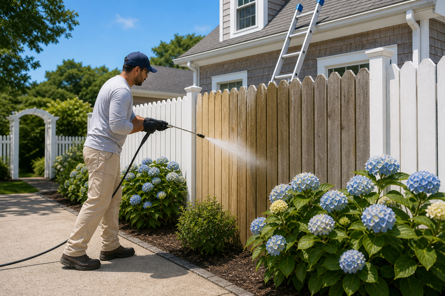 Fence washing in Hyannis for wood and vinyl fences on Cape Cod properties