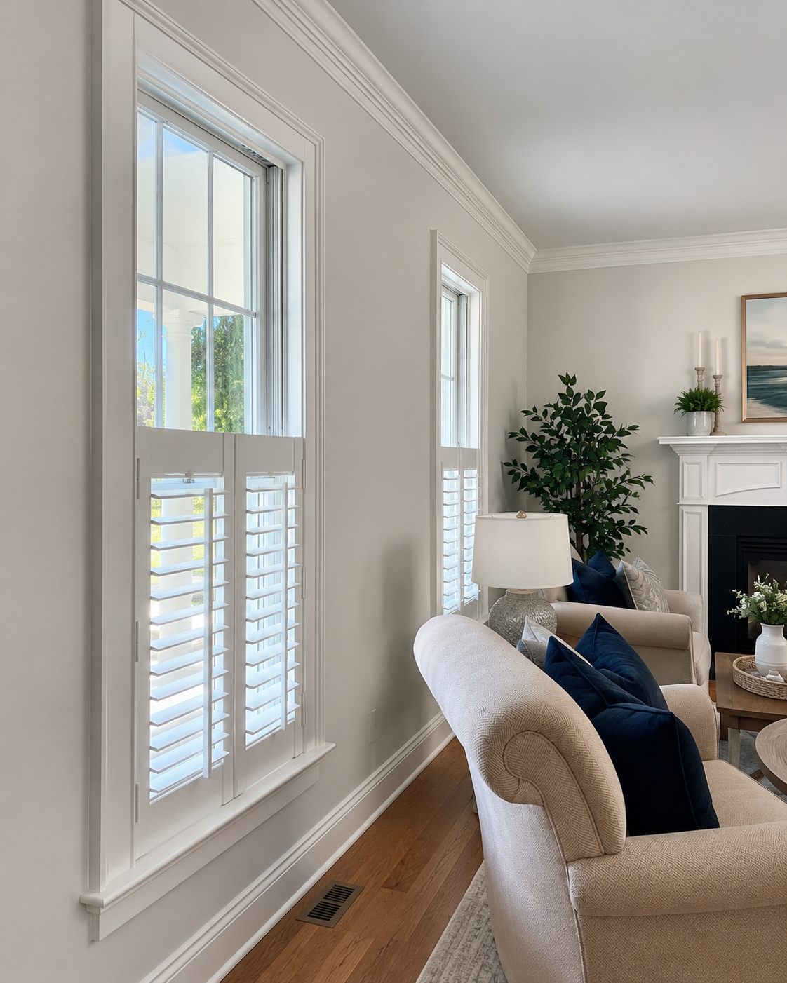 Freshly painted Cape Cod living room with white trim and bright interior walls