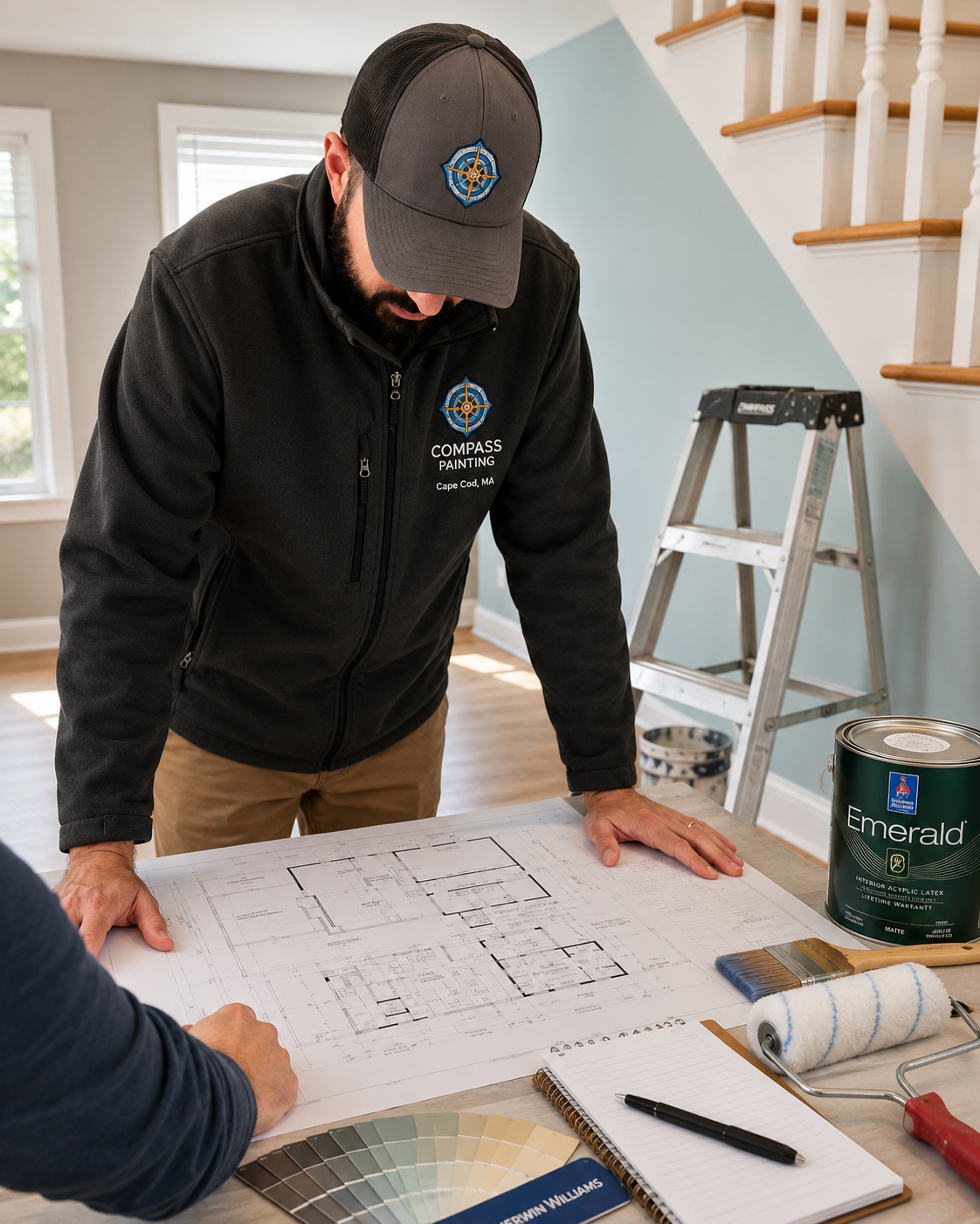 Compass Painting professional reviewing plans for an interior house painting estimate in Hyannis MA