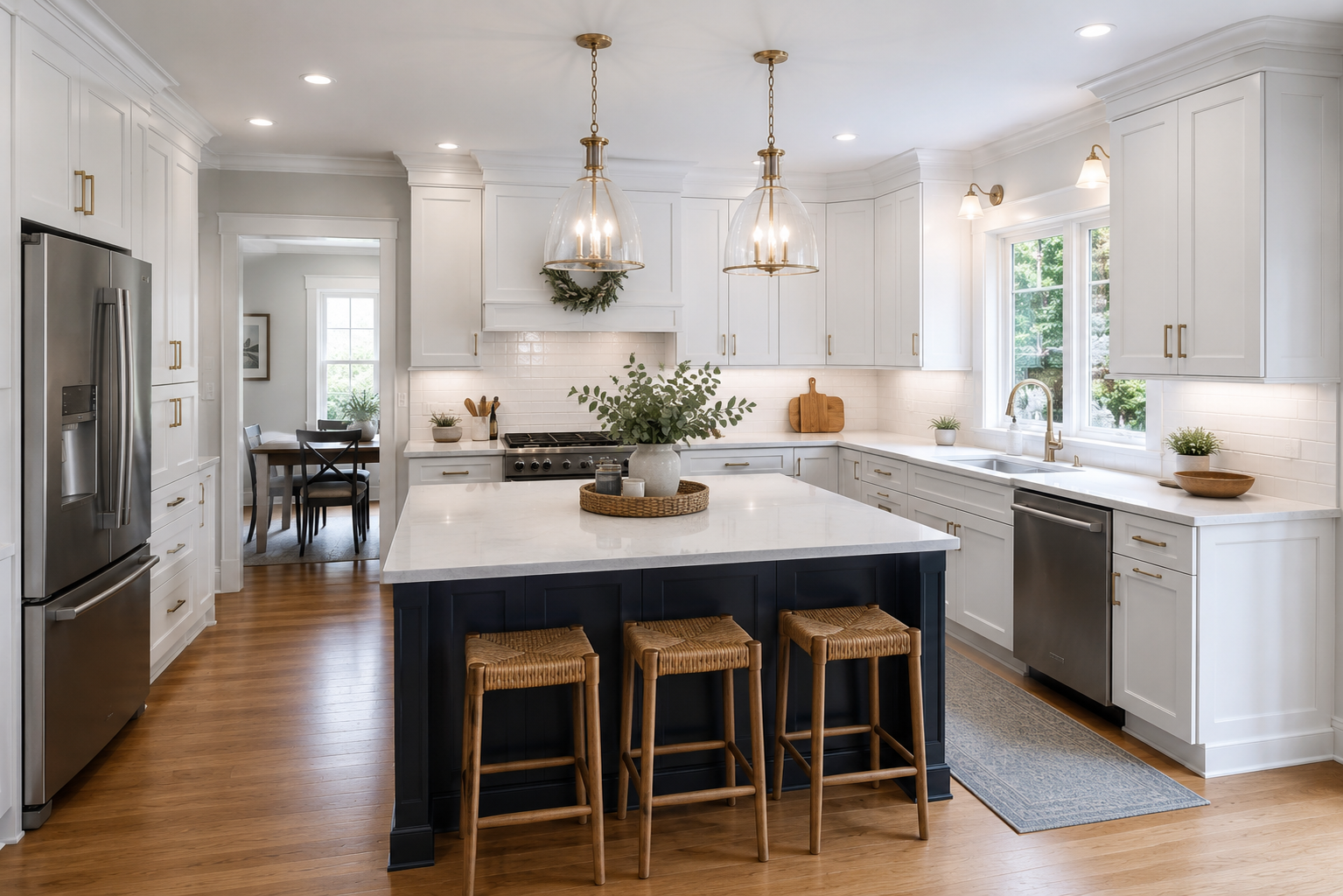 Refinished white kitchen cabinets in a Hyannis, MA home by Compass Painting