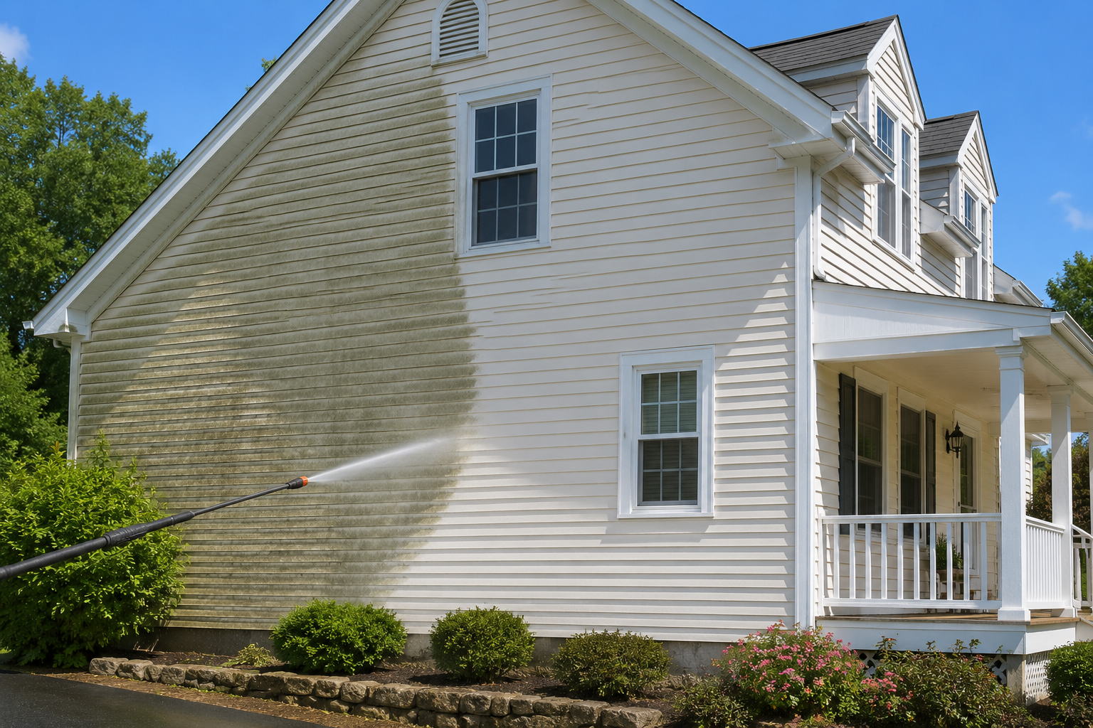 Pressure washing a house exterior in Hyannis