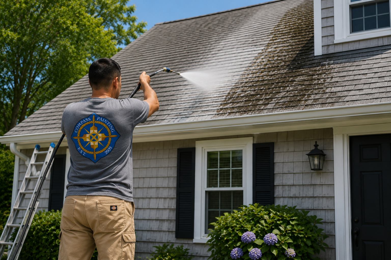 Roof soft washing in Hyannis to remove algae moss and black streaks