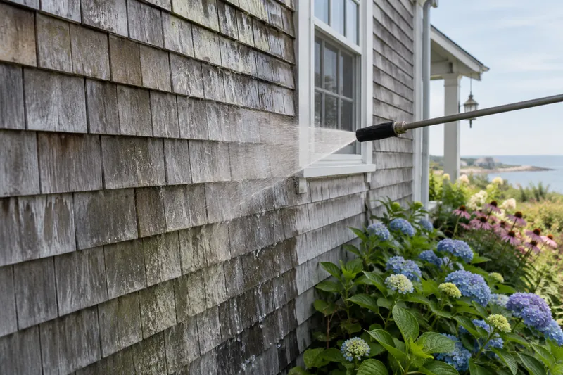 Illustrative photo of cedar shake siding cleaned gently