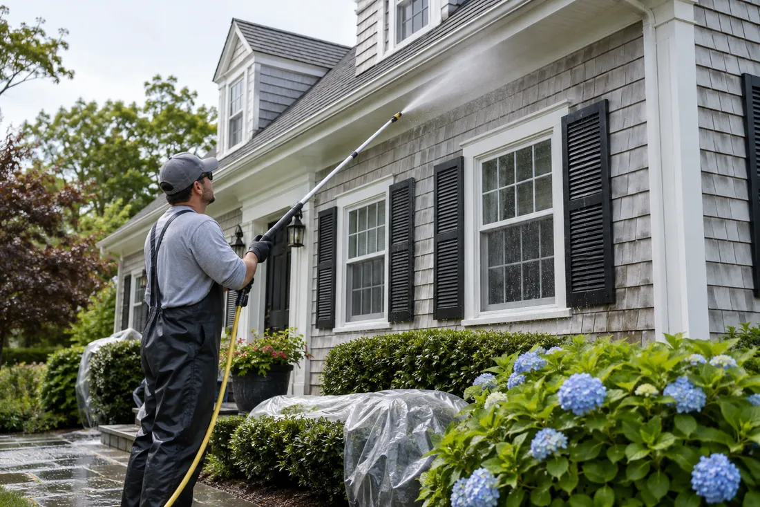 Gentle soft wash cleaning on house siding and soffits in Hyannis Massachusetts