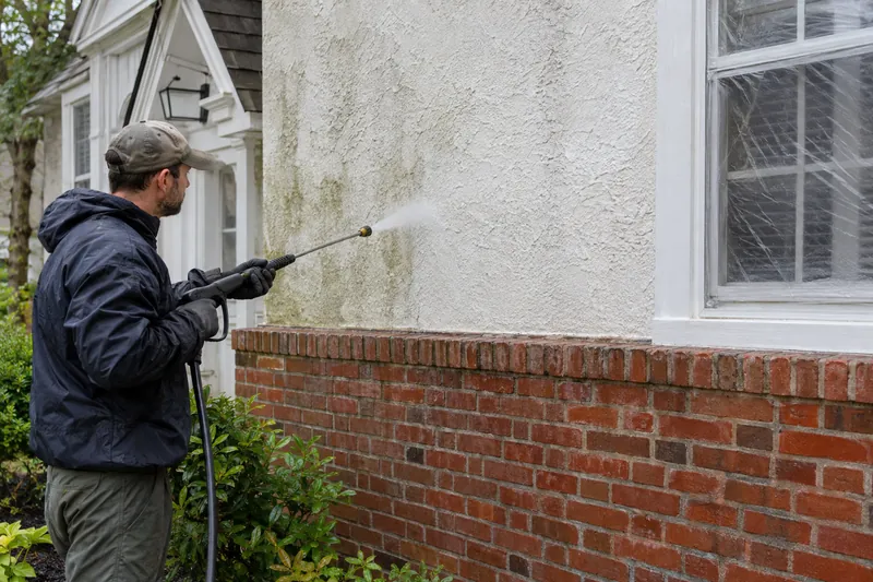 Illustrative photo of soft washing stucco and brick surfaces