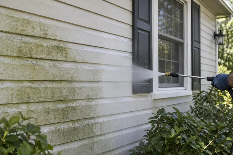Illustrative photo of vinyl siding being softly washed